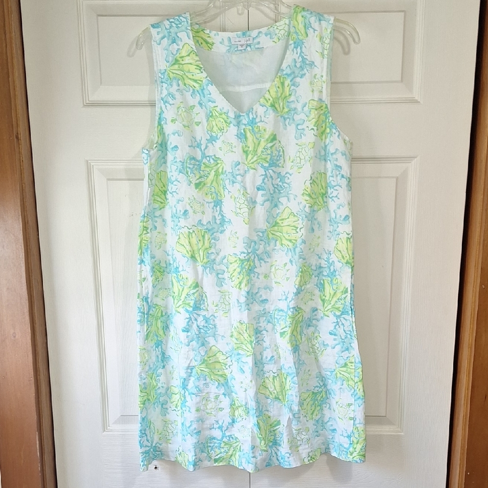 J. Jill Linen Sleeveless Tank Mini Dress Blue/Green Floral Marine Design-L